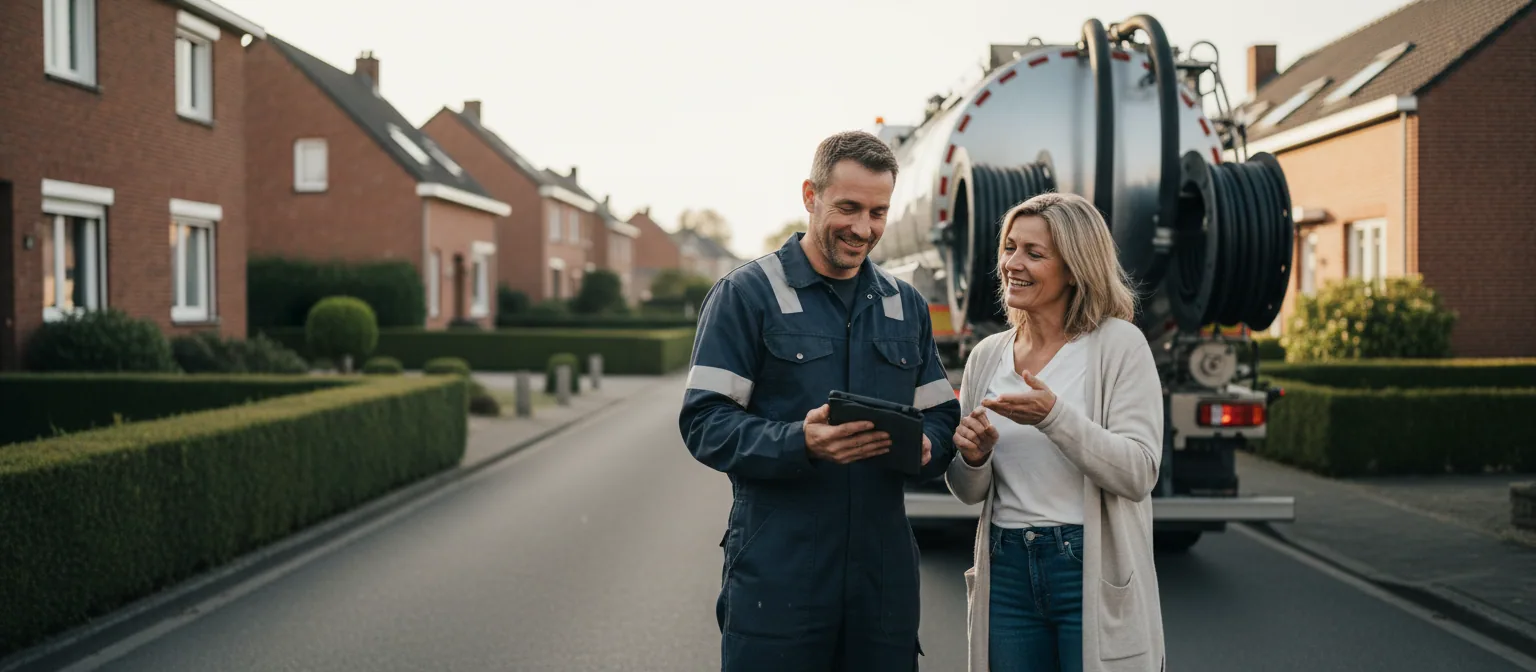 Un vidangeur montre à une cliente, sur sa tablette, le détail de l'intervention, devant son camion