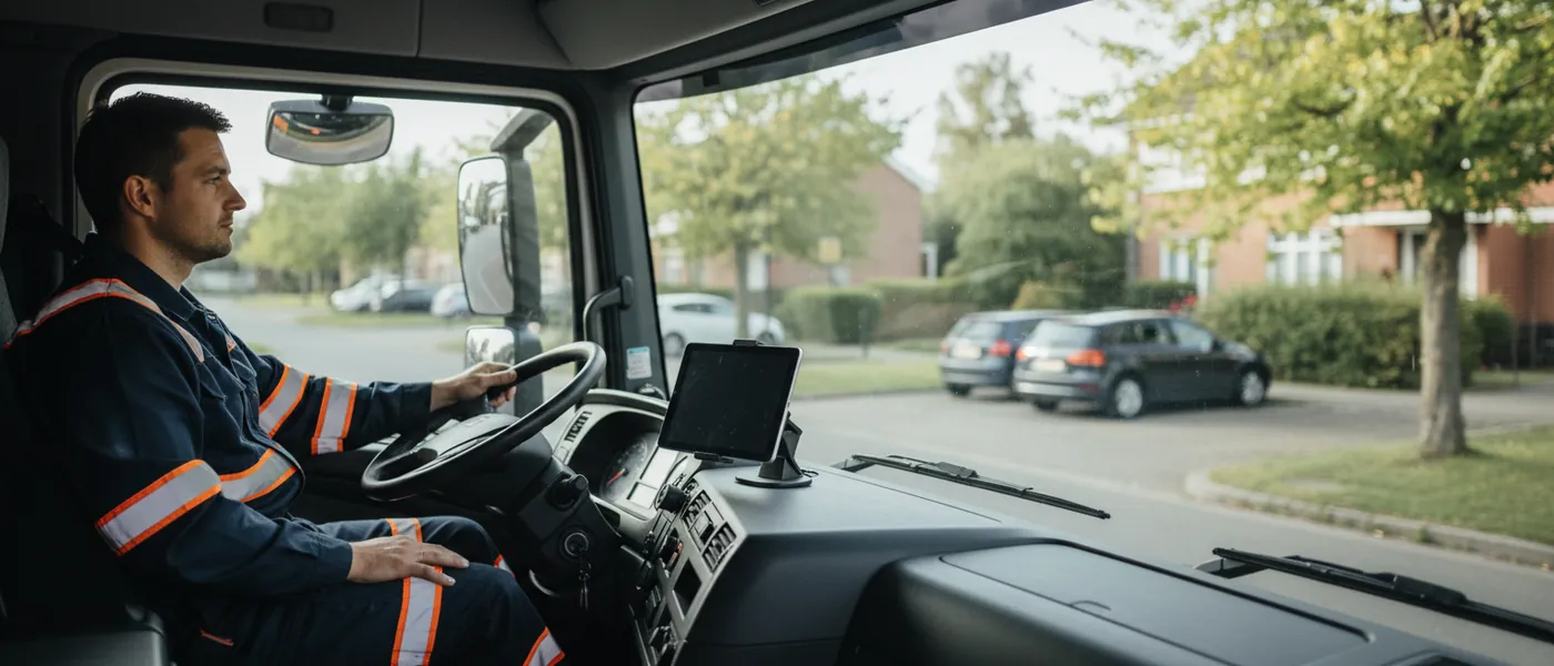 Un chauffeur au volant de son camion de vidange, une tablette posée sur le tableau de bord, dans une rue résidentielle